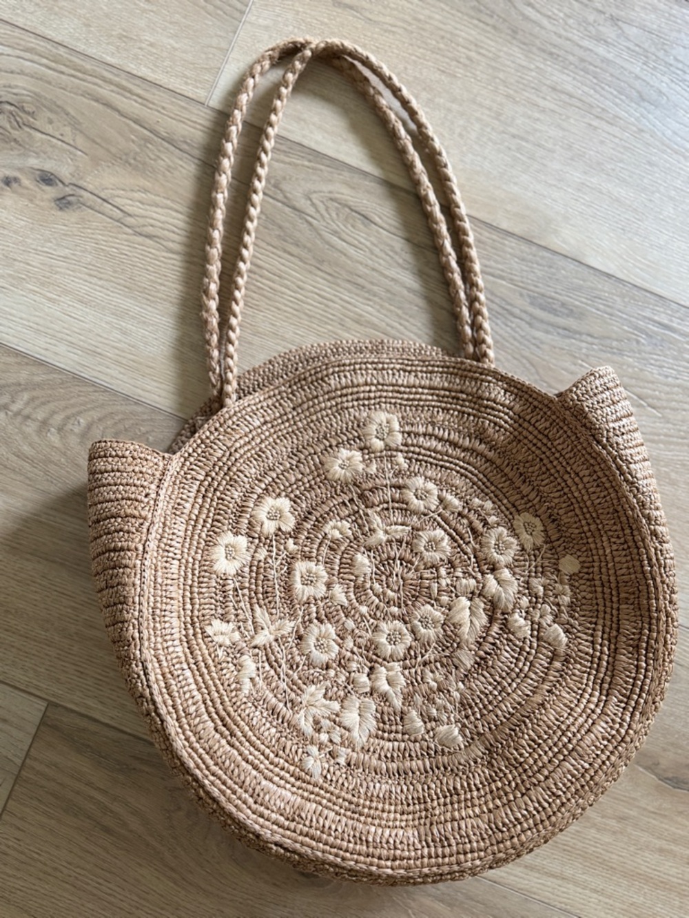 Sezane June Basket Natural Round Raffia Woven Tote Floral Embroidery - Picture 7 of 10